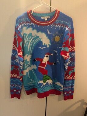 Celebrate Together Men's Medium Blue Surfing Santa Sweater
